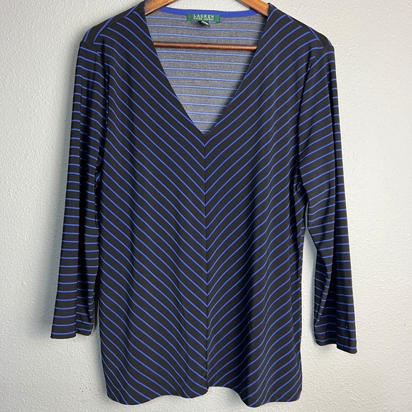 Lauren Ralph Lauren V-Neck Diagonal Stripes Chevron Long‎ SL 3/4 SL Tunic Top XL - Picture 1 of 9